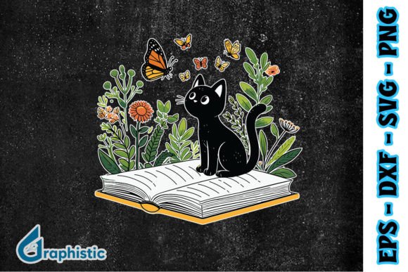 Black Cat Read Book and Butterfly SVG