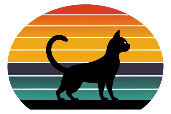 Cat Silhouette Moon Retro Art Vector