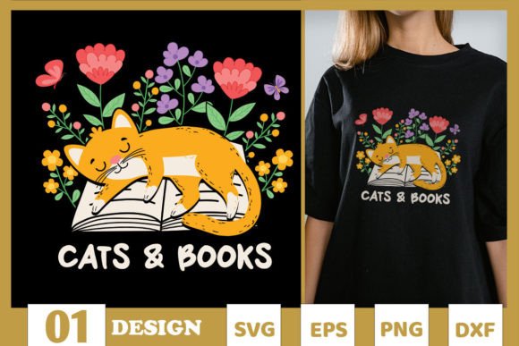 Floral Cat and Books Book Lover SVG
