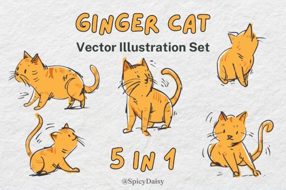 Ginger Cat Hand Drawn Vector Set 5 Pose