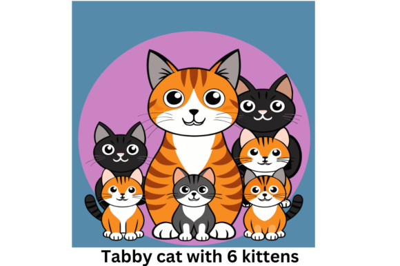 Tabby Cat with 6 Kittens Vector SVG