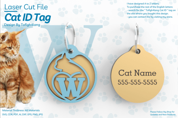 W Cat ID Tag Laser Cut File SVG